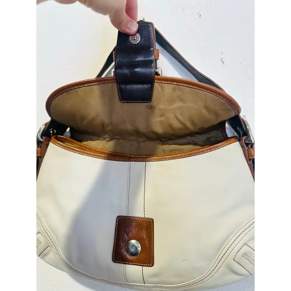 COACH White Brown Saddle SoHo Leather Hobo Leather Handbag F10192